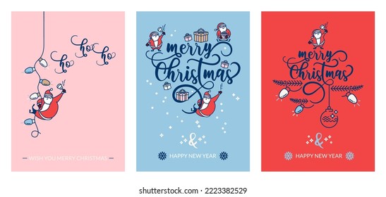 Set of merry Christmas and Happy New Year greeting cards with Santa Claus. Winter holidays. Pink, blue and red backgrounds.