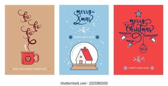 Set of merry Christmas and Happy New Year greeting cards. Winter holidays. Cinnamon, blue and red backgrounds