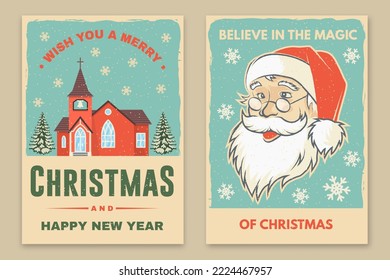 Set of Merry Christmas and Happy New Year poster, flyer, greeting cards. Set quotes with snowflakes, Santa Claus face and Catholic Church . Vector. Design for xmas, new year emblem.