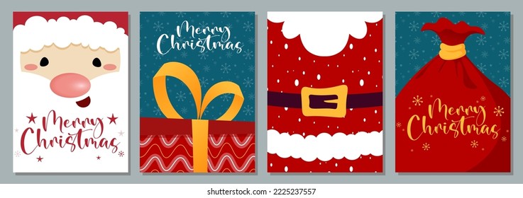 Juego de Feliz Navidad y Feliz Año Nuevo tarjeta vectorial con lindo santa claus , elemento navideño y letras dibujadas a mano.