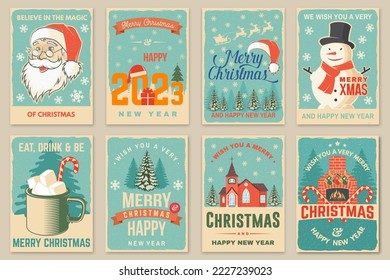 Set of Merry Christmas and Happy New Year poster, flyer, greeting cards. Set quotes with snowflakes, Santa Claus face and Catholic Church . Vector. Design for xmas, new year emblem.