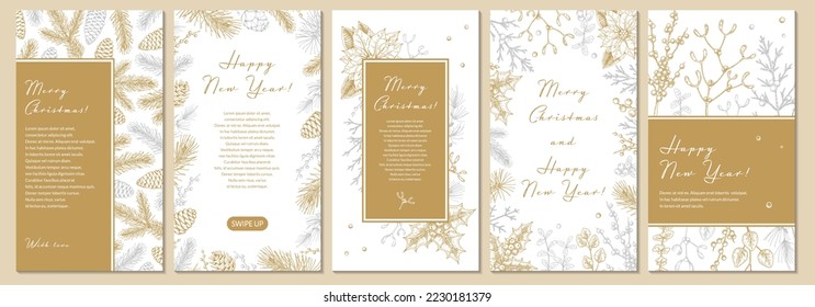 Set of Merry Christmas and Happy New Year vertical greeting cards with hand drawn golden botany elements. Vector illustration in sketch style. Festive backgrounds. Social media stories templates