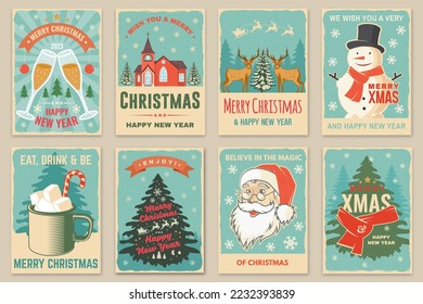 Set of Merry Christmas and Happy New Year poster, flyer, greeting cards. Set quotes with snowflakes, Santa Claus face and Catholic Church . Vector. Design for xmas, new year emblem.