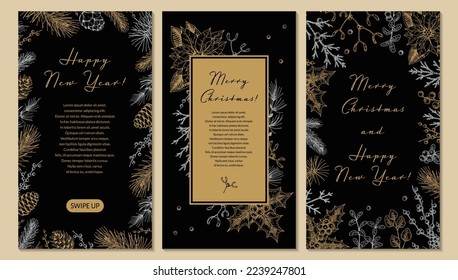 Set Merry Christmas   Happy New Year vertical greeting cards and hand drawn golden botany elements  Vector illustration in sketch style  Festive backgrounds  Social media stories templates