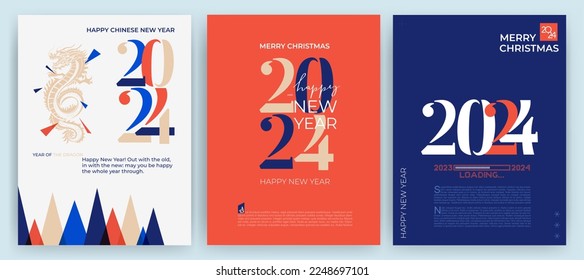 Set of Merry Christmas and Happy New Year. Christmas greeting cards, banner, posters, holiday covers. 2024 Xmas design with typography and season wishes in modern style for web, print, social media.