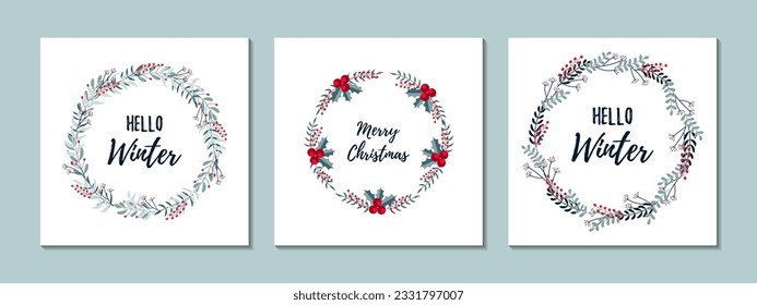 Set of Merry Christmas and Happy New Year botany wreaths. Vector illustration. Floral festive design for greeting cards, presents decoration, advent calendars, labels