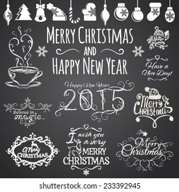 Set of Merry Christmas and Happy New Year design elements on blackboard background. Vector illustration.