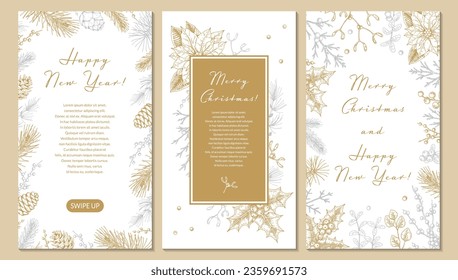 Set of Merry Christmas and Happy New Year vertical greeting cards with hand drawn golden botany elements. Vector illustration in sketch style. Festive backgrounds. Social media stories templates