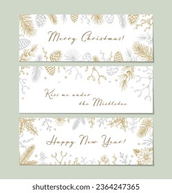 Set of Merry Christmas and Happy New Year horizontal greeting cards with hand drawn golden evergreen and mistletoe branches, holly berries. Vector illustration in sketch style