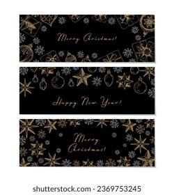 Set of Merry Christmas and Happy New Year horizontal greeting card with hand drawn golden stars and snowflakes. Vector illustration in sketch style. Holiday festive background