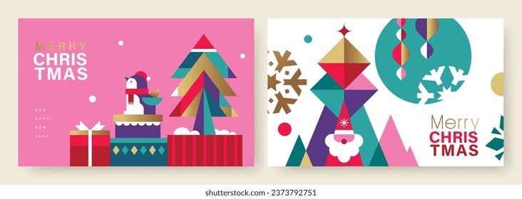 Juego de ilustraciones vectoriales de Feliz Navidad y Feliz Año Nuevo 2024 para tarjetas de felicitación, afiches, portadas navideñas de estilo geométrico minimalista moderno.