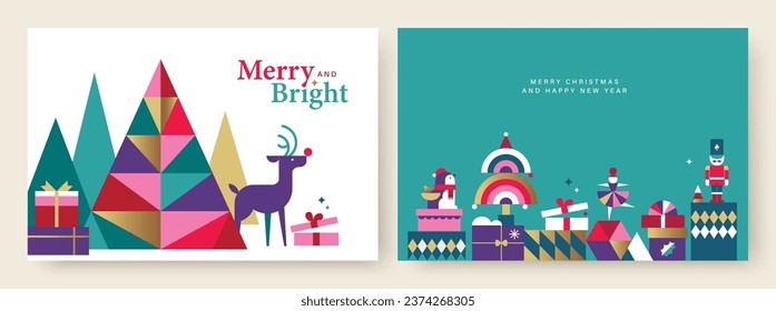 Set of Merry Christmas and Happy New Year 2024 vector illustration for greeting cards, posters, holiday covers in modern minimalist geometric style.