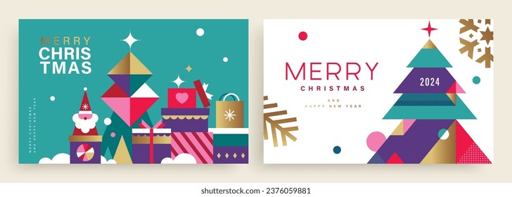 Set of Merry Christmas and Happy New Year 2024 vector illustration for greeting cards, posters, holiday covers in modern minimalist geometric style.