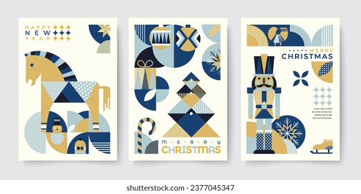 Set of Merry Christmas and Happy New Year 2024 vector illustration for greeting cards, posters, holiday covers in modern minimalist geometric style.