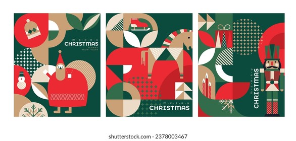 Set of Merry Christmas and Happy New Year 2024 vector illustration for greeting cards, posters, holiday covers in modern minimalist geometric style.