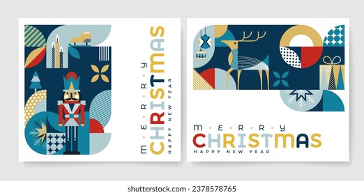 Set of Merry Christmas and Happy New Year 2024 vector illustration for greeting cards, posters, holiday covers in modern minimalist geometric style.