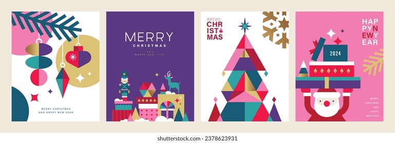 Set of Merry Christmas and Happy New Year 2024 vector illustration for greeting cards, posters, holiday covers in modern minimalist geometric style.