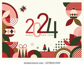 Set of Merry Christmas and Happy New Year 2024 vector illustration for greeting cards, posters, holiday covers in modern minimalist geometric style.