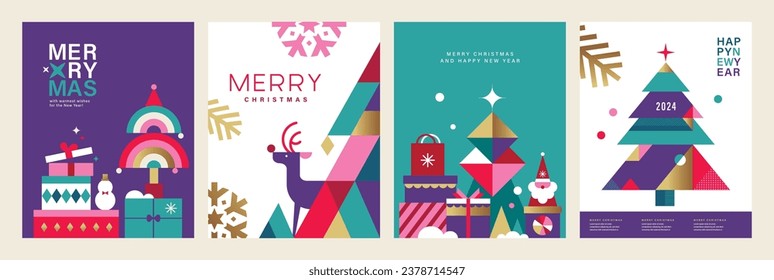 Set of Merry Christmas and Happy New Year 2024 vector illustration for greeting cards, posters, holiday covers in modern minimalist geometric style.