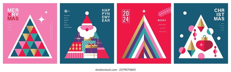 Set of Merry Christmas and Happy New Year 2024 vector illustration for greeting cards, posters, holiday covers in modern minimalist geometric style.