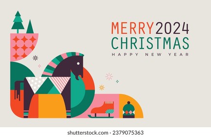 Set of Merry Christmas and Happy New Year 2024 vector illustration for greeting cards, posters, holiday covers in modern minimalist geometric style.