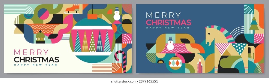 Set of Merry Christmas and Happy New Year 2024 vector illustration for greeting cards, posters, holiday covers in modern minimalist geometric style.