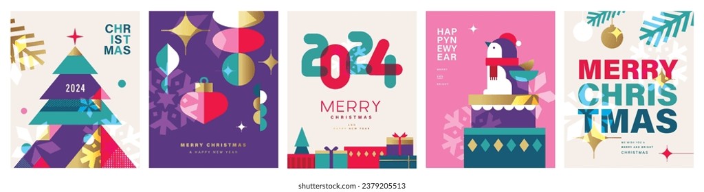 Set of Merry Christmas and Happy New Year 2024 vector illustration for greeting cards, posters, holiday covers in modern minimalist geometric style.