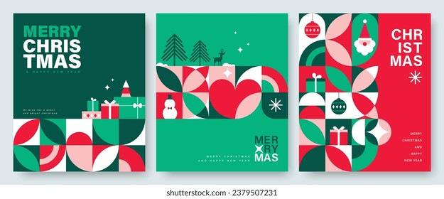 Set of Merry Christmas and Happy New Year 2024 vector illustration for greeting cards, posters, holiday covers in modern minimalist geometric style.