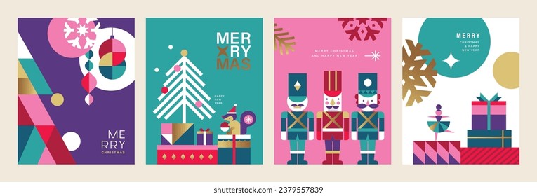 Juego de ilustraciones vectoriales de Feliz Navidad y Feliz Año Nuevo 2024 para tarjetas de felicitación, afiches, portadas navideñas de estilo geométrico minimalista moderno.