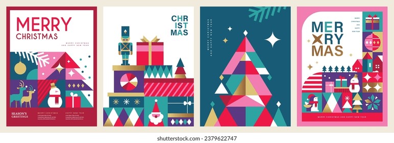 Set of Merry Christmas and Happy New Year 2024 vector illustration for greeting cards, posters, holiday covers in modern minimalist geometric style.