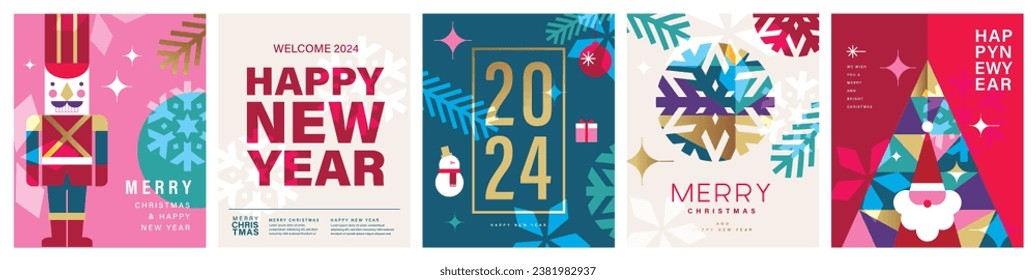 Set of Merry Christmas and Happy New Year 2024 vector illustration for greeting cards, posters, holiday covers in modern minimalist geometric style.