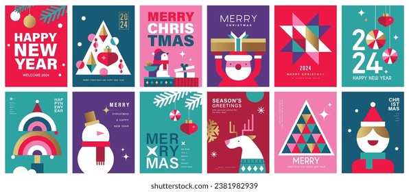 Set of Merry Christmas and Happy New Year 2024 vector illustration for greeting cards, posters, holiday covers in modern minimalist geometric style.