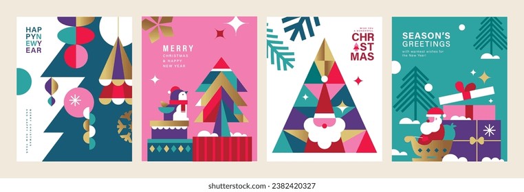 Set of Merry Christmas and Happy New Year 2024 vector illustration for greeting cards, posters, holiday covers in modern minimalist geometric style.