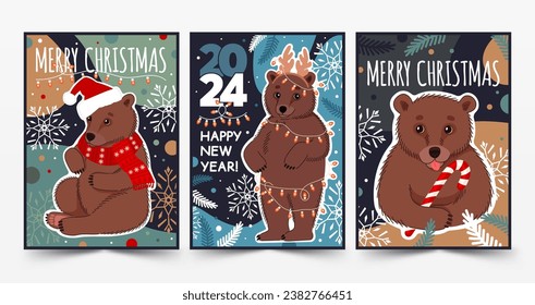 Set of Merry Christmas and Happy New Year posters with cute bears and winter elements. Vector flat illustration in trendy colors.