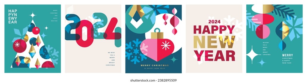 Set of Merry Christmas and Happy New Year 2024 vector illustration for greeting cards, posters, holiday covers in modern minimalist geometric style.