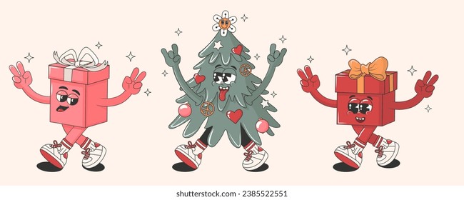 Set of Merry Christmas and Happy New Year characters in retro groovy hippie style. Cartoon funky Christmas tree and gifts. Vector illustration for stickers, stamps, prints or patches.