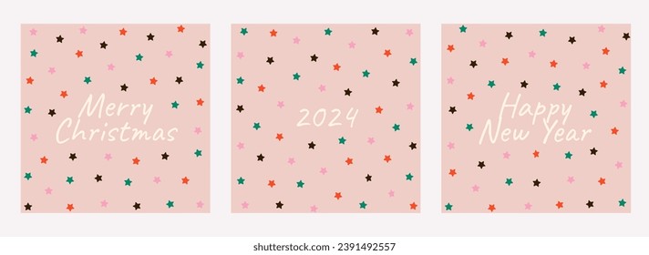 Set Merry Christmas and Happy New Year 2024 greeting cards in doodle style. Cute holiday festive square templates collection. Pastel colors. Vector illustration.