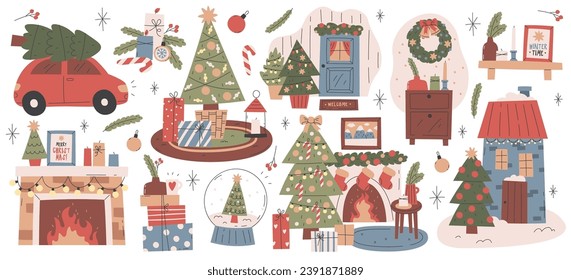 Set of Merry Christmas and Happy New Year cozy home interior design with decorations, gift boxes vector illustration. Preparation for winter holiday celebration, festive shopping, lighting fireplace