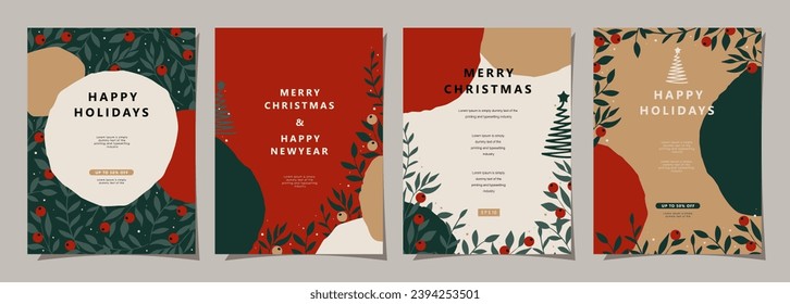 Set of Merry Christmas and Happy New Year background. Greeting and invitation card, web banner, holiday cover, flyer, poster design templates. Modern flat vector illustration.