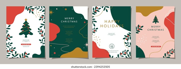 Set of Merry Christmas and Happy New Year background. Greeting and invitation card, web banner, holiday cover, flyer, poster design templates. Modern flat vector illustration.