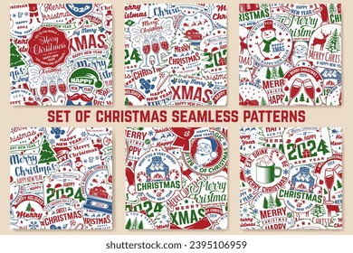 Set of Merry Christmas and Happy New Year 2024 seamless pattern with snowflakes, hanging Christmas ball, Santa Claus, snowman, candy. Vector illustration. Christmas background with new year sticker