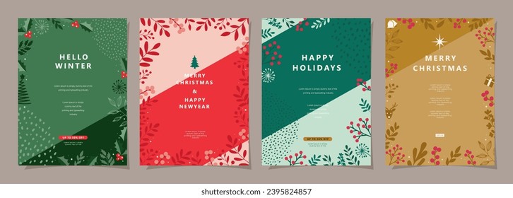 Set of Merry Christmas and Happy New Year background. Greeting and invitation card, web banner, holiday cover, flyer, poster design templates. Modern flat vector illustration.