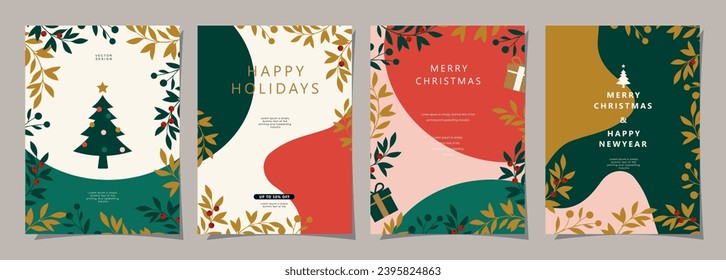 Set of Merry Christmas and Happy New Year background. Greeting and invitation card, web banner, holiday cover, flyer, poster design templates. Modern flat vector illustration.