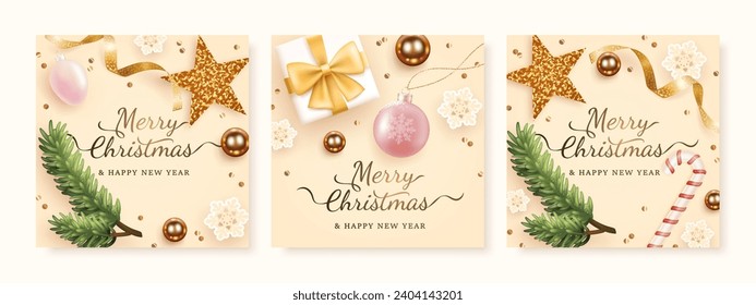 Set of Merry Christmas and Happy New Year square web banner or greeting card design template with realistic elements. Holiday background collection. Vector illustration