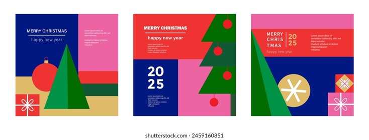 Set of Merry Christmas  and Happy new year  cards in modern minimalistic style with geometric shapes. Trendy editable vector template for greeting card, poster, banner, invitation, social media post.	