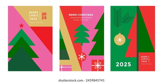 Set of Merry Christmas  and Happy new year  in modern minimalistic style with geometric shapes. Trendy editable vector template for greeting card, poster, banner, invitation, social media post.	