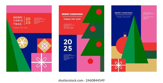 Set of Merry Christmas  and Happy new year  in modern minimalistic style with geometric shapes. Trendy editable vector template for greeting card, poster, banner, invitation, social media post.	