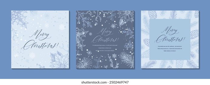 Conjunto de Navidades alegres y tarjetas de felicitación cuadradas azules del año Nuevo feliz. Plantilla de publicaciones en redes sociales. Fondo festivo sinterizado dibujado a mano con Elementos de botánica de boceto. Ilustración vectorial de grabado