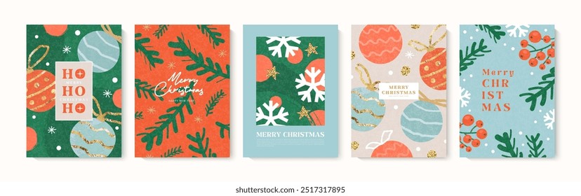 Conjunto de Navidades felices y tarjetas de felicitación de feliz año Nuevo. Diseño moderno de moda con ilustraciones de ramitas de abeto, bolas de árbol de Navidad, copos de nieve, racimos de árboles de cebolla y brillo. Diseño de Navidad