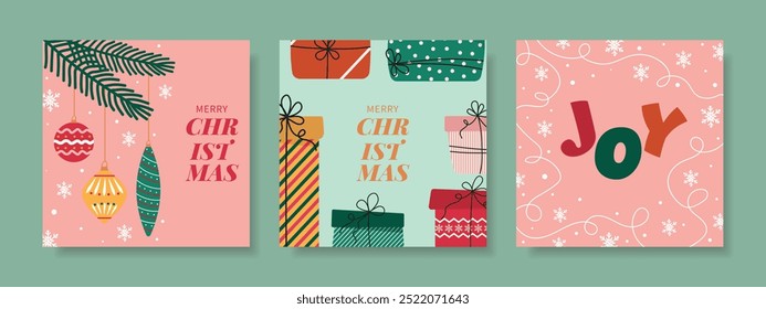 Set of Merry Christmas and Happy New Year greeting cards. Modern Christmas design with typography, tree and balls, gifts. Vector.